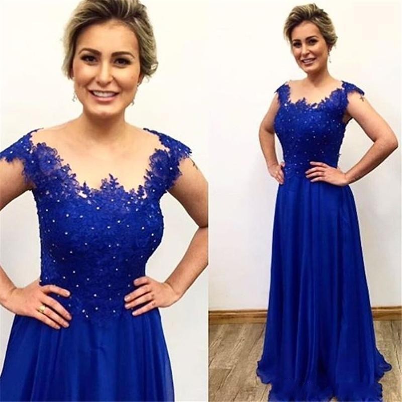 Robe de Mère de la Mariée Pas Cher 2017 Col Bijou Manches Courtes Dentelle Brodée Perles Bleu Royal Chiffon Grande Taille Soirée Cérémonie