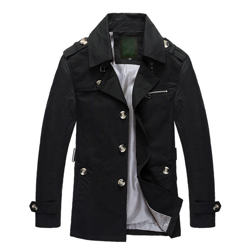 

Men's Jackets autumn and winter men's turn down collar plaid lining middle length trench coat cotton casual windbreaker jacket, Black