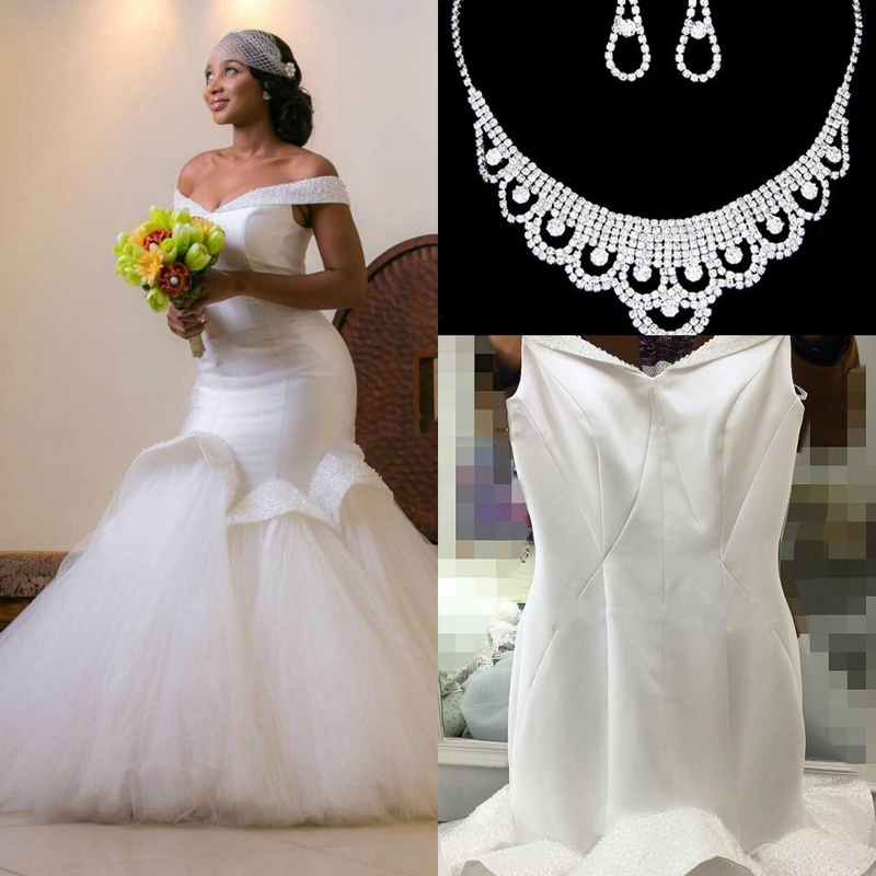 

2017 Glamorous Beads Mermaid Backless Wedding Dresses Off-the-shoulder Dubai Arabic Bridal Gowns Custom Made Wedding Dresses Free Necklace, White