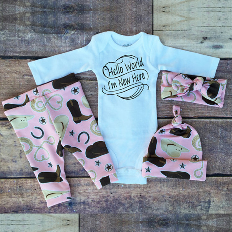 

INS Baby Girls Sets 2016 Autumn New Fashion Lettlers Printed Rompers+pants+hat +headband 4 Pcs sets children set kids sleepsuits, As photo