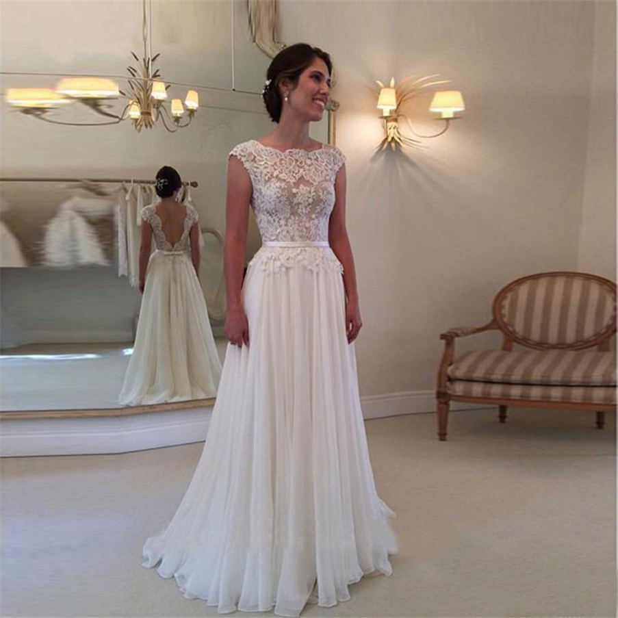 

A-line Simple Floor Length Wedding Dresses Custom Made Lace Wedding Dress Backless Chiffon Beach Bridal Dresses vestidos de novias, White
