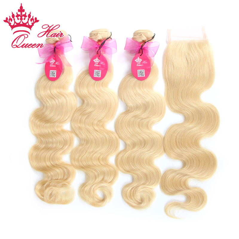 

Queen Hair Products 4pcs/lot Brazilian Virgin Hair Body Wave 5A Grade Human Hair Lace Closure with Bundles, Bleached #613 Blonde