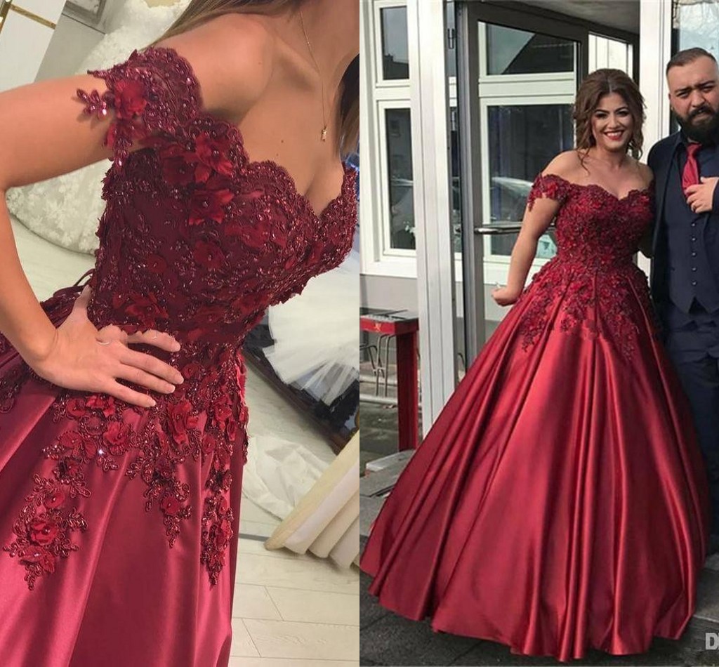 2020 Plus Size Formal Quinceanera Dresses Ball Gown Burgundy Off Shoulder Sweetheart Lace Applique Beading Sweet 16 Satin Prom Evening Gowns