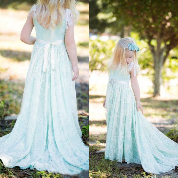 

Vintage Girls Dresses Special Occasion A Line Mint Green Scoop Neck Sleeveless Beaded Crystals Sash Kids Formal Lace Gowns Sweep Train, Fuchsia