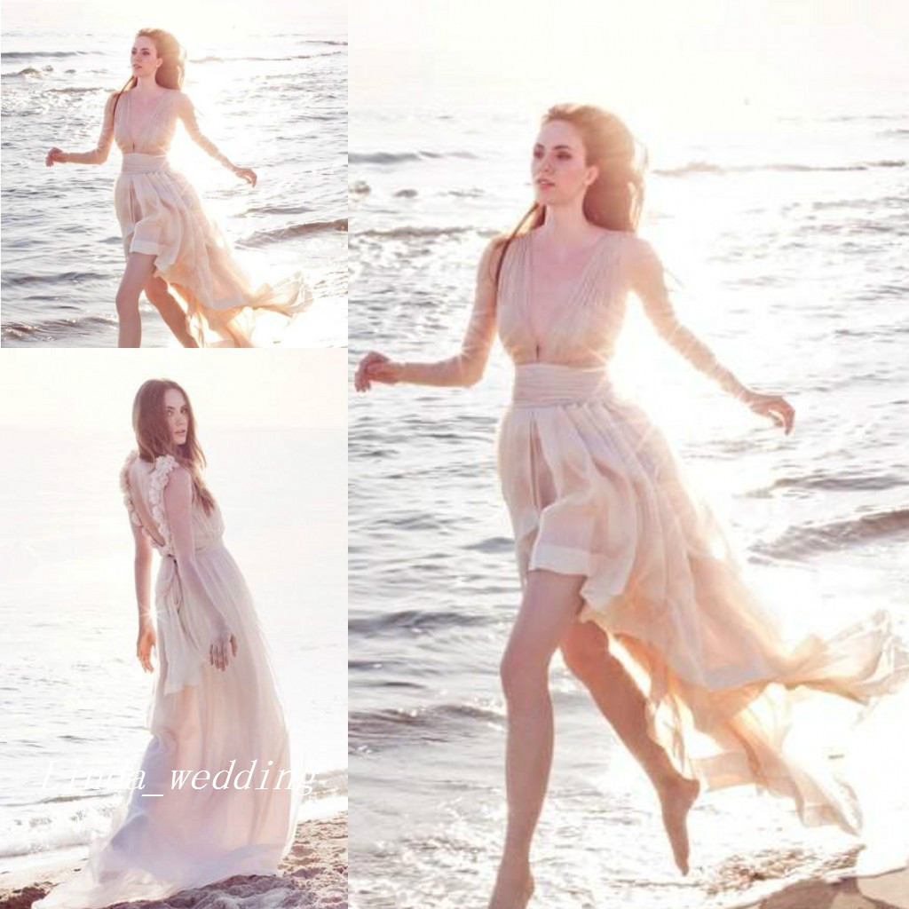 

Bohemian Wedding Dresses New Arrival Backless High Low Chiffon Summer Beach Boho Style Long Sleeve Bridal Party Gowns, Red