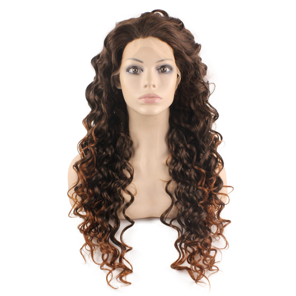 

Long Curly Auburn Tip Brown Two Tone Ombre Lace Front Wig, Medium brown