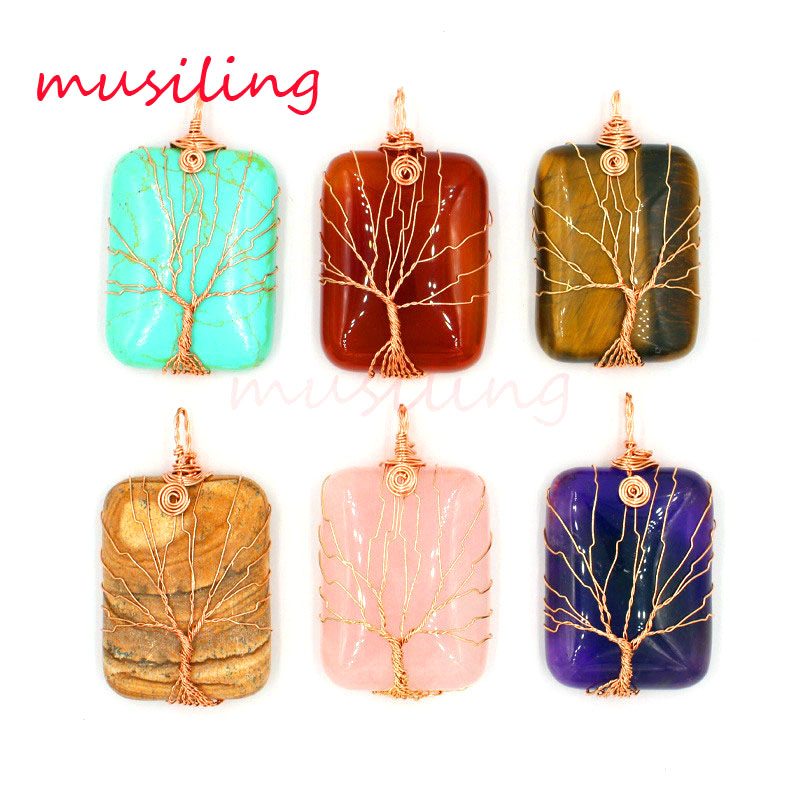 Pendentifs Collier Chaîne Vie Arbre Pendentif Gem Pierre Pendule Bijoux Rectangle Charmes Bohème Guérison Chakra Amulette Bijoux De Mode