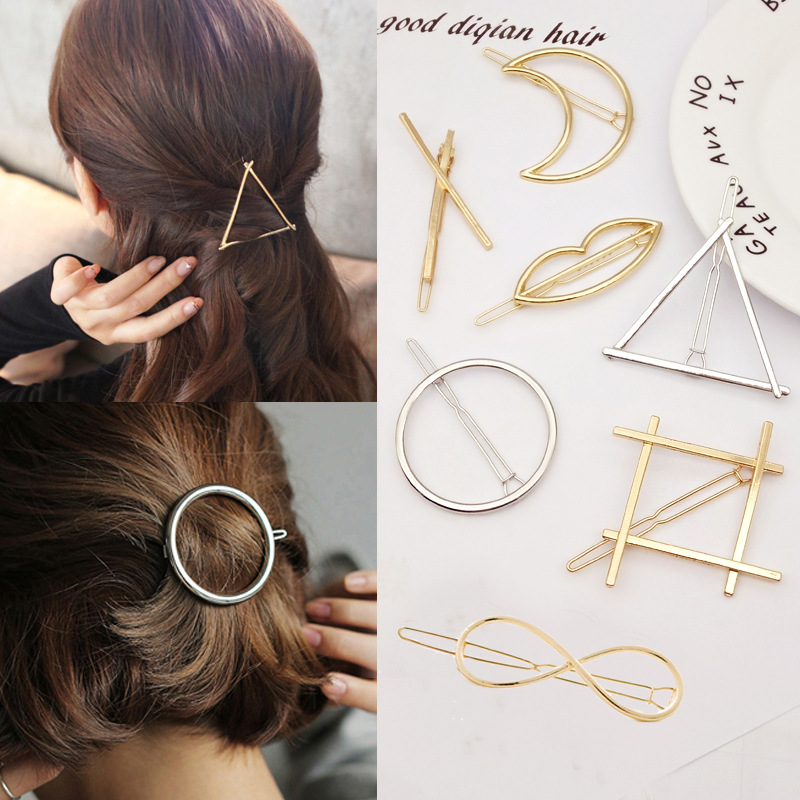 

2017 New Promotion Trendy Vintage Circle Lip Moon Triangle Hair Pin Clip Hairpin Pretty Womens Girls Metal Jewelry Accessories