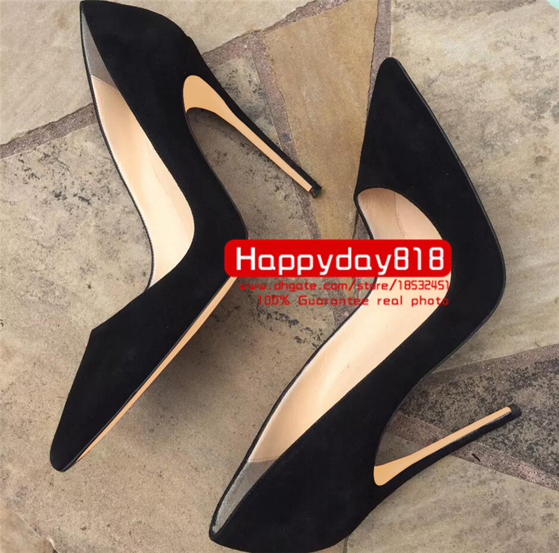 

Casual Designer sexy lady fashion women shoes black suede leather pointy toe stiletto stripper High heels Prom Evening pumps large size 44 12cm, Black 10cm