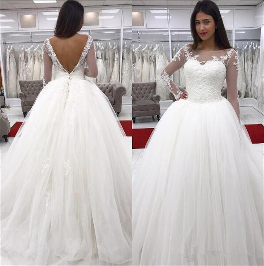 

Lace Ball Gown Wedding Dresses Bridal Gowns Plus Size Long Sleeves Applique V Back Floor Length Dress for Bride robe de mariage, Champagne