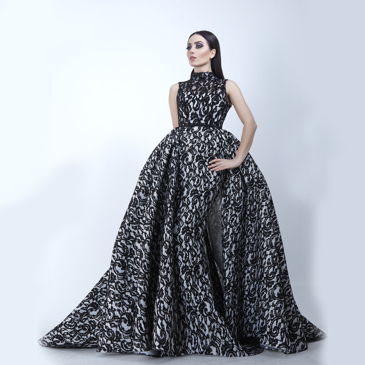 

Gorgeous Black Mermaid Evening Gown With Over-Skirt Fashion High Neck Sleeveless Lace Long Evening Dresses Custom Made Formal Evening Wear, Gray