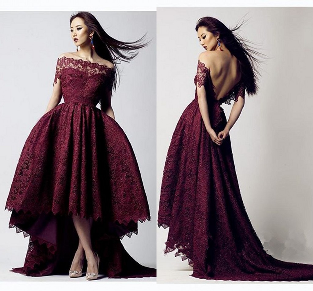 Sexy Black Girl Prom Dress Off-Shoulder V Back Maroon Burgundy Lace Front Short Long Back Evening Dresses Wear Formal Cocktail Party Dress