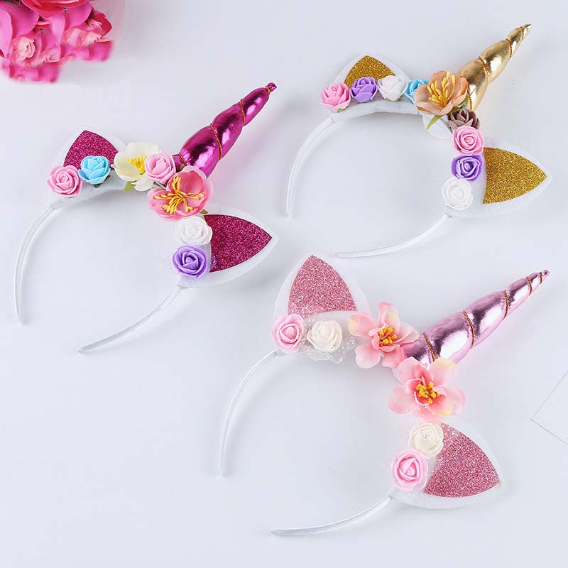 

unicorn horn Children hair accessories New Flower princess headbands Glitter cat ear Kids hair bands Halloween Hair Sticks C2126, Mix colors