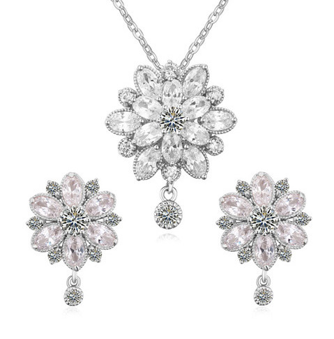 

Party Jewelry Necklaces Earrings Sets Women Fashion Exquisite High Grade Zircon 18K Gold Plated Flowers 2-Piece Set Wedding Jewelry, Clear