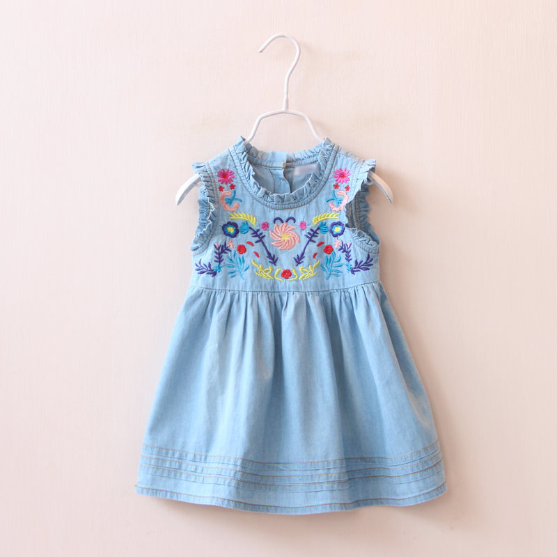 

2016 Summer New Girl Dress Ruffle Collar Colorful Embroidery Denim Sundress Baby Denim Dress Children Clothing 90-130CM, As photo