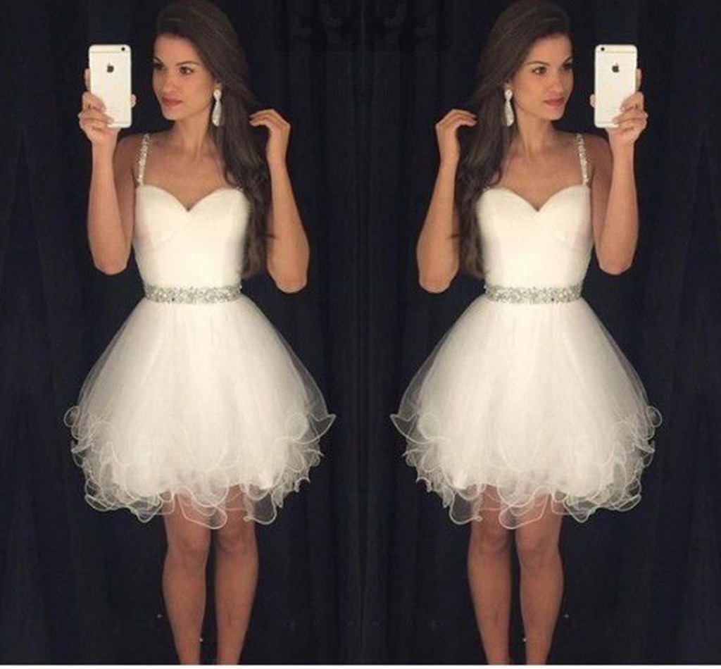 White 2021 Short Prom Dresses Modest Graduation Homecoming Dresses Cheap Spaghetti Straps Beaded Crystals Ruffles Party Gowns-image-387138397