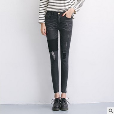 

2016 autumn and winter version of the trend, high elasticity, women' jeans, women' trousers, fashion skinny pencil pants, patches of jeans, Dark grey