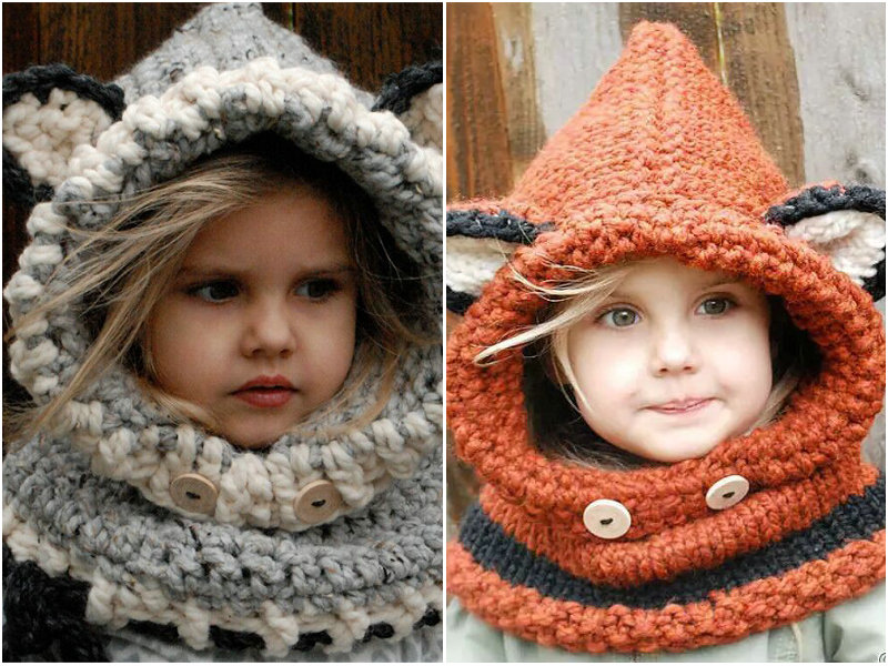 

2pcs Childlren fox scarf collar sets Crochet hats winter windproof hats Kids wool knitted cap children's hats headgear soft warm hat, Grey