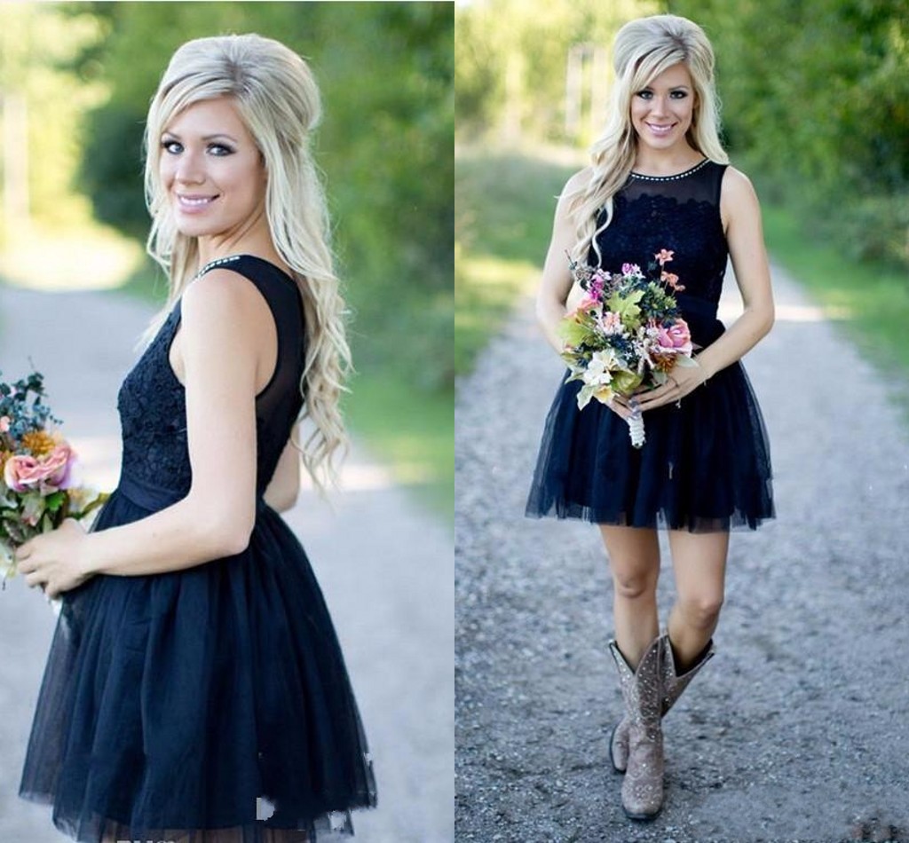 Bridesmaid Dresses 2017 New Cheap Country Short For Weddings Navy Blue Tulle Jewel Neck Lace Appliques Plus Size Formal Maid of Honor Gowns