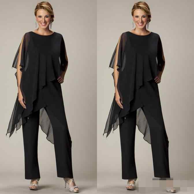 

Cheap 2019 Two Pieces Pants Suits For Mother Bride Jewel Half Sleeve Plus-Size Black Chiffon Evening Gowns Beach Wedding Party
