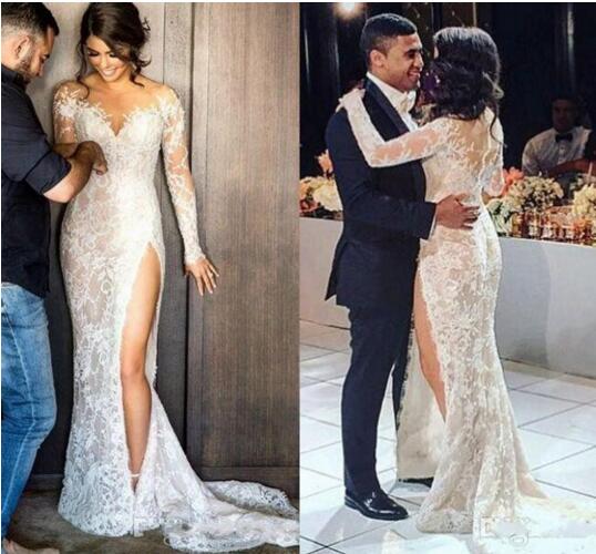 

New Vintage Steven Khalil Full Lace Split Mermaid Wedding Dresses with Long Sleeve Illusion Back Arabic Trumpet Wedding Gowns, Red