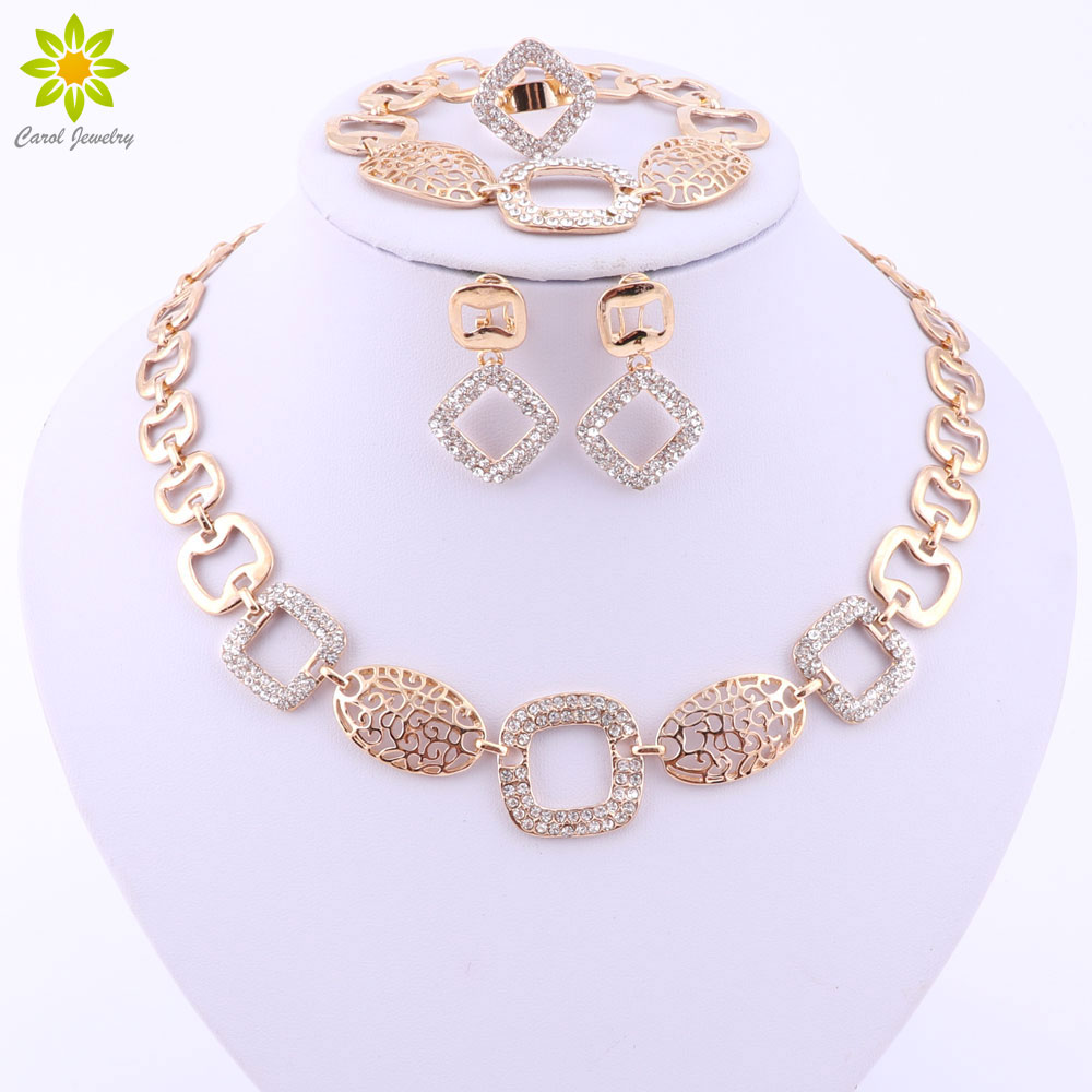 Wedding African Beads Jewelry Sets Collar Necklace Earrings Bracelet Fine Ring For Women Gold Plated Party Accessories