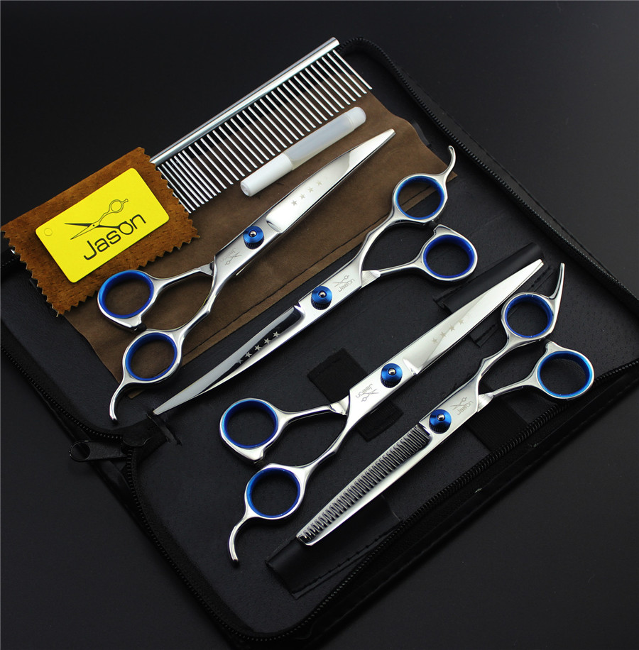 

Wholesale-7.0 inch Professional Pet Scissors Set Dog Grooming Shears Straight Thinning Curved Scissors JP440C Pet Hair Cutting 4pcs Kits