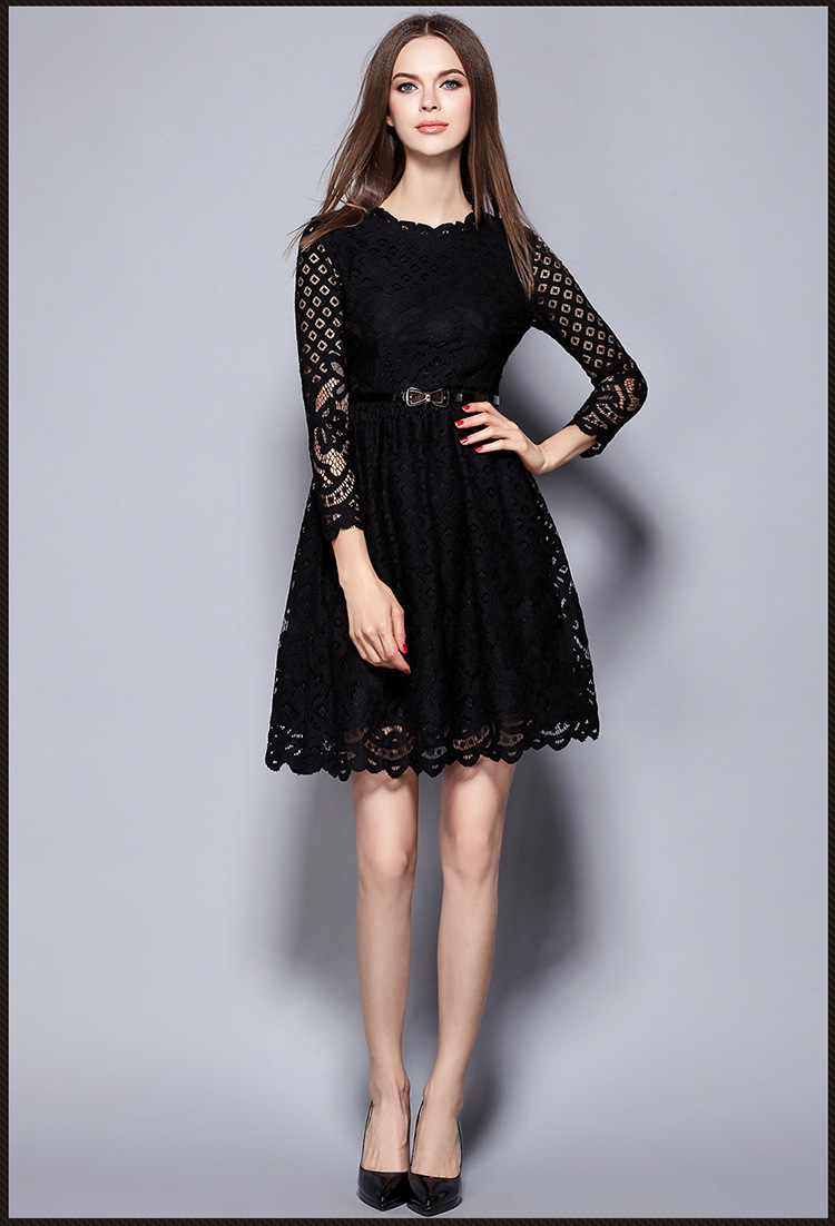 2016 Autumn and winter new elegant ladies wind ladies sexy black lace openwork soluble thin waist o neck women casual dress