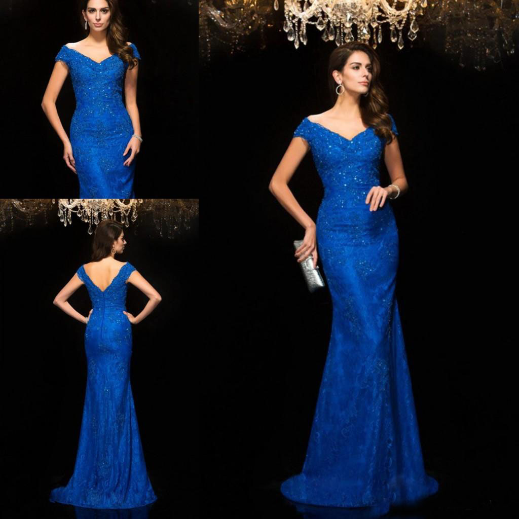 

Royal Blue Mother of the Bride Dresses 2017 V Neck Short Sleeves Beads Lace Mermaid Long Formal Evening Gowns Custom Elegant