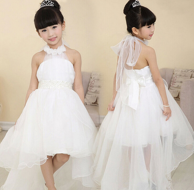 

Wholesale Baby Girl Cute Asymmetric Halterneck Solid Mesh Long Tail Flower Girl Dress TuTu Wedding Party Backless Trailing Ball Gown Dress, White