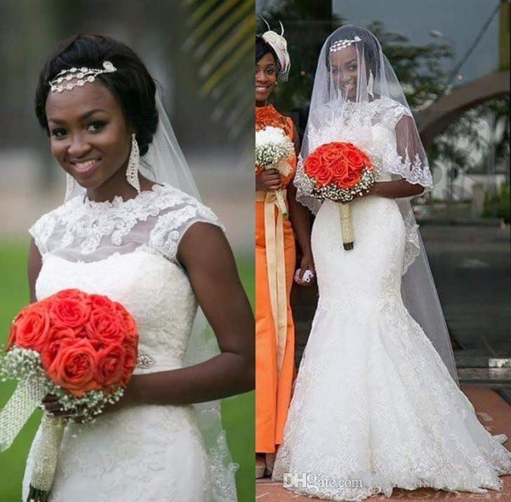 

Vintage Arabic Full Lace Wedding Dress Mermaid Sheer Jewel Neck Cap Sleeves Appliques Beaded African Bridal Gown Custom Made, Champagne