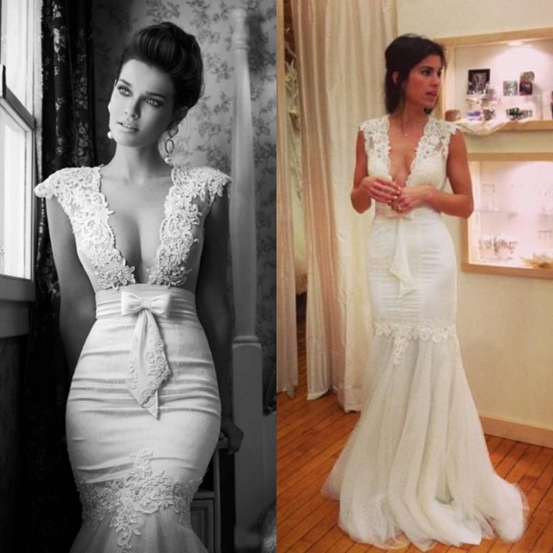 

Sexy Mermaid Wedding Dress Deep V Neck Lace Appliques Cap Sleeves See Through Back Trumpet Bridal Gowns Tulle Skirt Custom Made Bow, White
