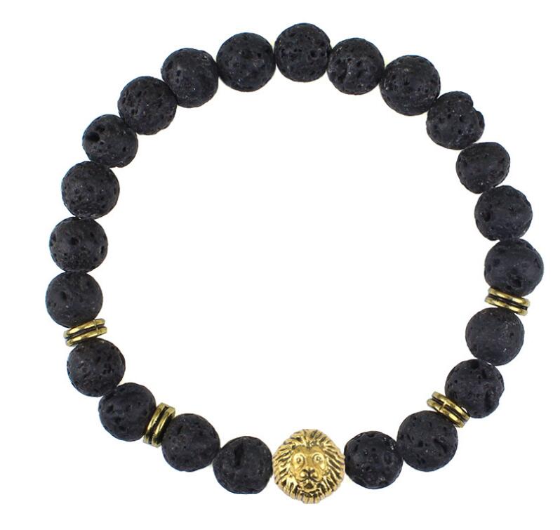 

New Design Antique Gold Silver Leo Lion Head Buddha Bracelets Fashion Black Lava Stone Beaded Bracelet For Men and Women Best Friend Gifts
