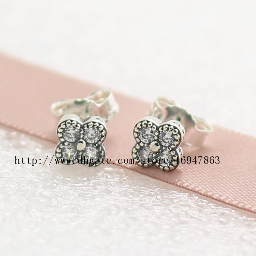 

2016 New Spring High-quality 100% S925 Sterling Silver Stud Earrings European Pandora Style Jewelry Oriental Blossom with Clear CZ Earrings, Golden;silver