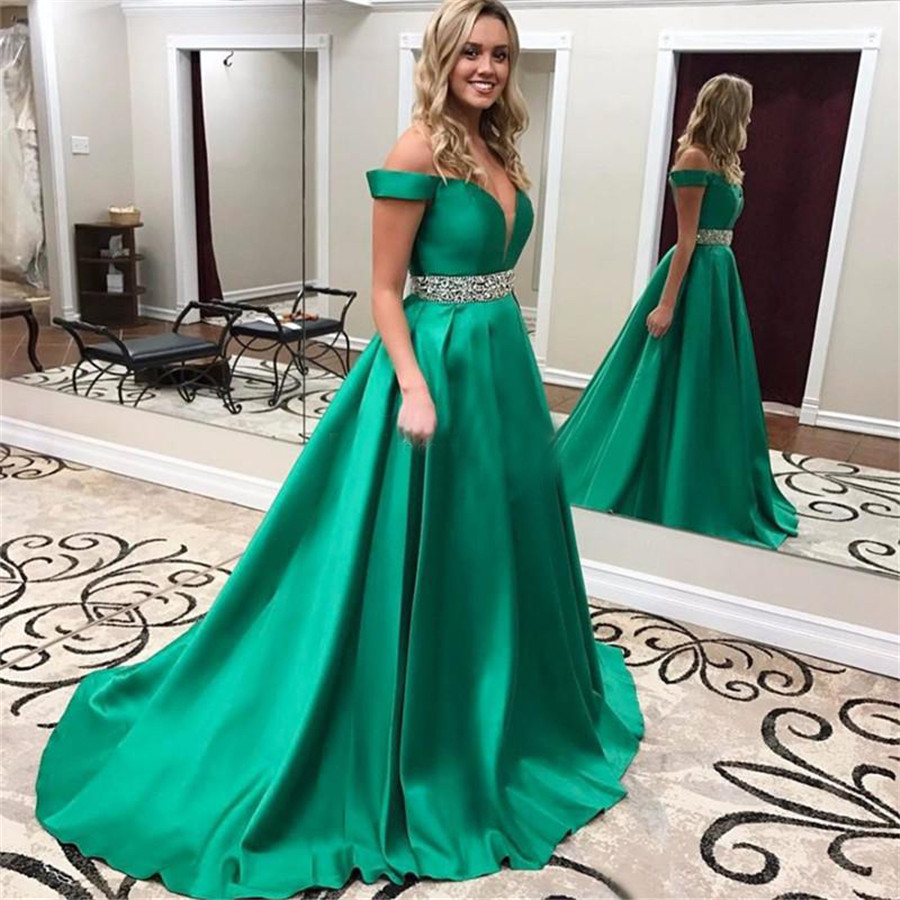 Off the Shoulders Cheap Green Prom Dresses Green Satin Beading Sash Robe De Mariage Plus Size Evening Dress