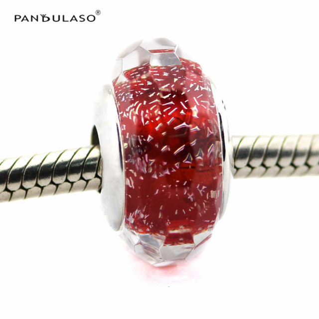 Silver Beads Red Shimmer Glass Murano Charm Sterling-Silver-jewelry Bead Fits Pandora Bracelets Charms For DIY Woman-image-386455281