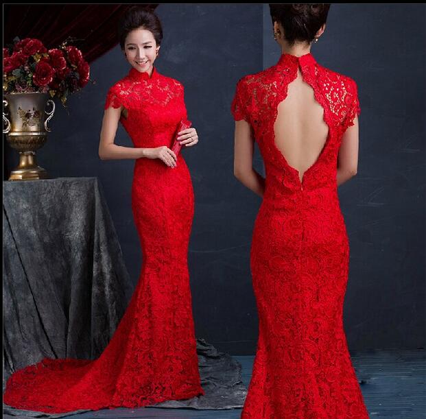 

Luxury Red Lace Silk Slim Chinese Dresses Long Cheongsam Dress Improved Red High Collar Backless Bridal Bride Dresses Mermaid Style, Blue;red