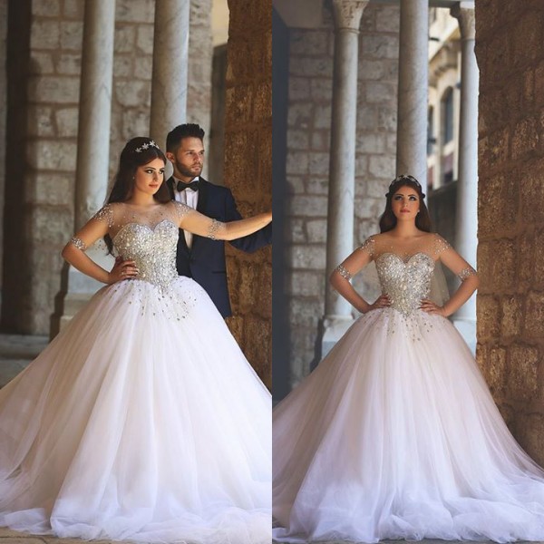 

Arabic Ball Gown Wedding Dresses Sheer Bateau Neckline Illusion Long Sleeves Luxury Crystals Tulle Skirt Bridal Gowns Vestido De Novia, Ivory