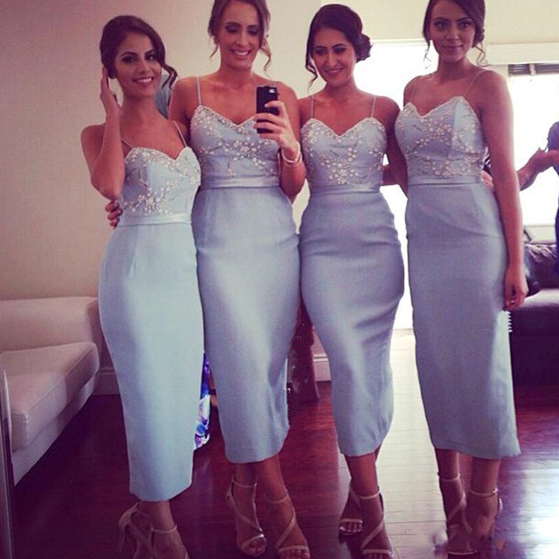 

Light Sky Blue Spaghetti Bridesmaid Dress 2017 Vestido Longo Satin Tea Length Custom Made Sheath Beaded Bridesmaids Prom Party Gowns