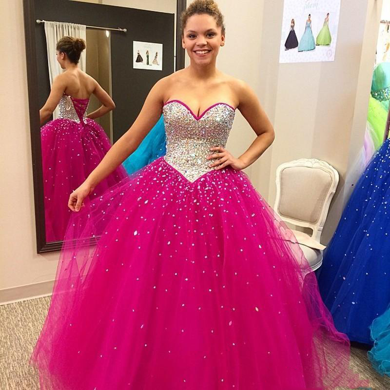 

Shinning Fuchsia Quinceanera Dresses Crystals Beaded Sweetheart Party Gown Vestidos De Quinceanera Sweetheart Evening Prom Dresses, Royal blue