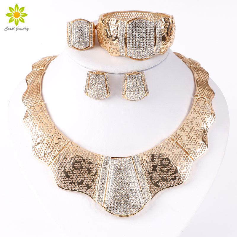 Ensemble de bijoux fins à la mode pour mariage, plaqué or, collier, boucles d'oreilles, Bracelet, bagues, accessoires de Costume