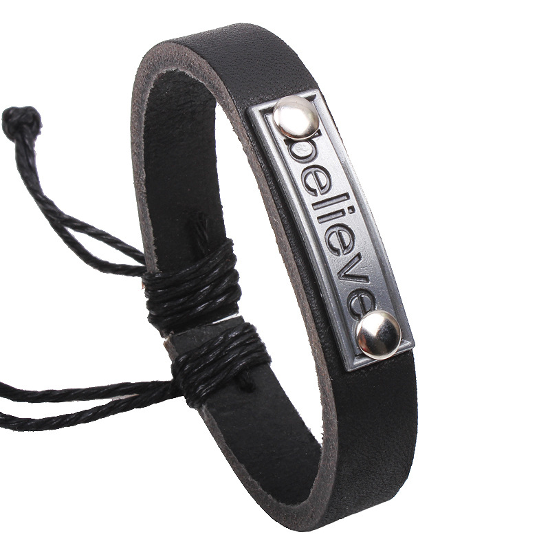 

Europe Hot Retro Handmade Alloy Believe Letter Leather Bracelets for Men Women Brown/Black Leather Bangle Bracelet Jewelry