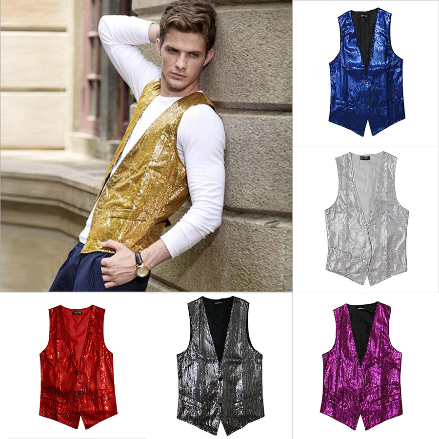 

Fall-Man Vest Stage Bar Service Bright Cover Cardigan Waistcoat Performance Show Sleeveless Sequin With Waistbelt Formal Mens Vests, Red
