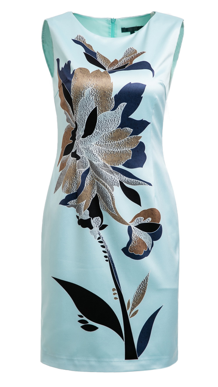 

Flower Print Women Sheath Dress Round Neck Sleeveless Casual Dresses 084A672, As pictures