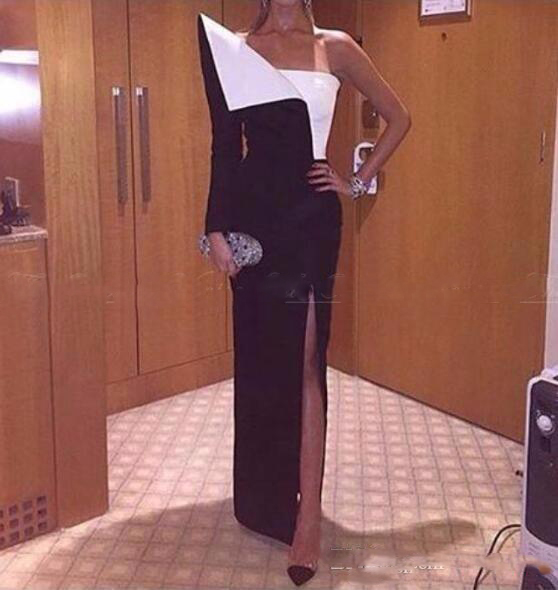 Vestido de festa 2018 One Shoulder Black and White Evening Dress Long Sleeve Side Split Arabic Prom Dresses Long Party Gowns