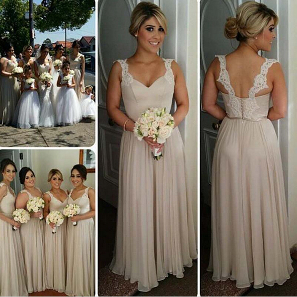 

2019 Cheap Champagne Long Bridesmaid Dresses With Straps Sweetheart Lace Chiffon Floor Length Backless Bridesmaid Dresses