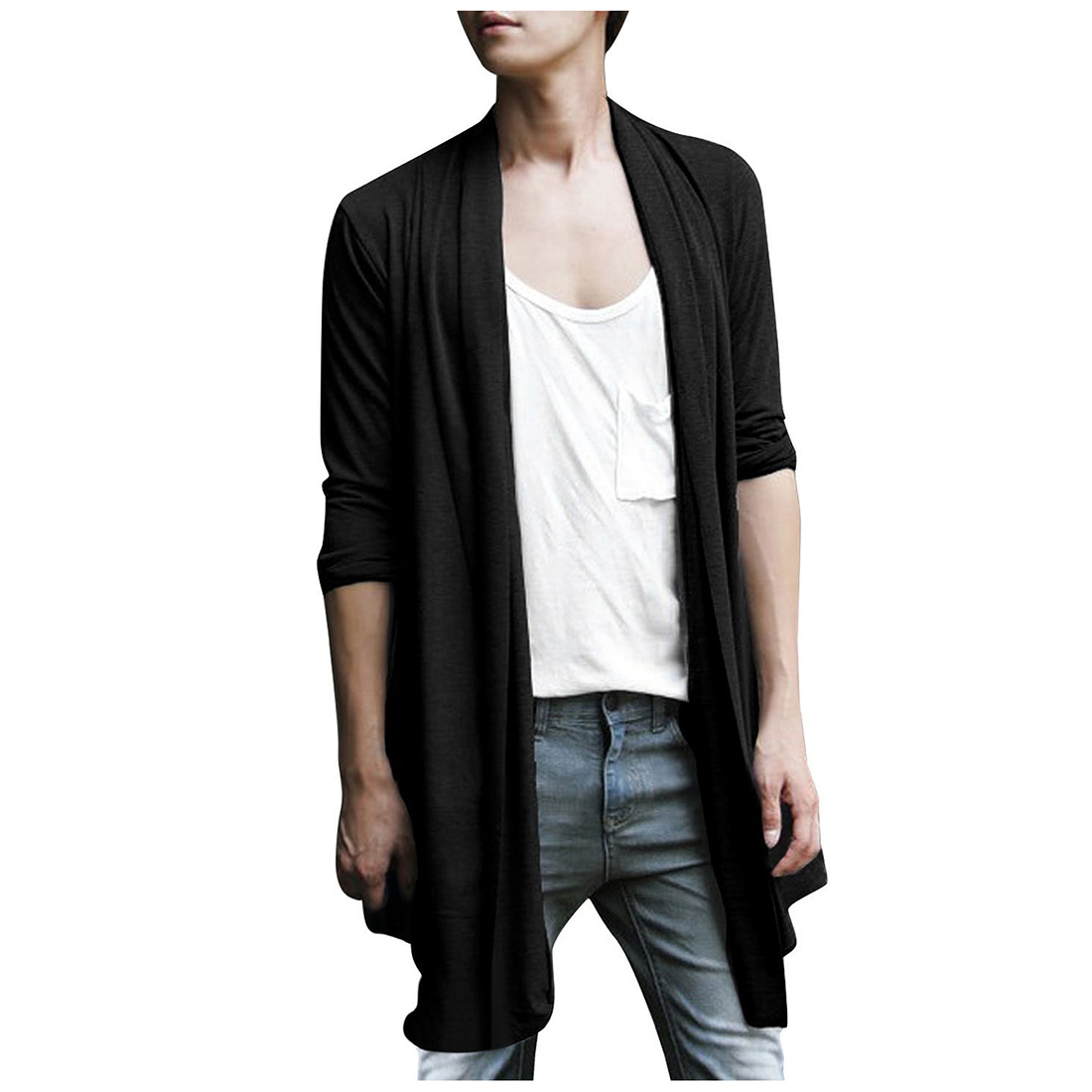 

Fall-Men Shawl Collar High-Low Hem Long Cardigan, Black