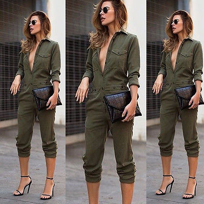 

Wholesale- UK Womens Slim Evening Party Playsuit Ladies Romper Long Jumpsuit Size 6-14, Army green