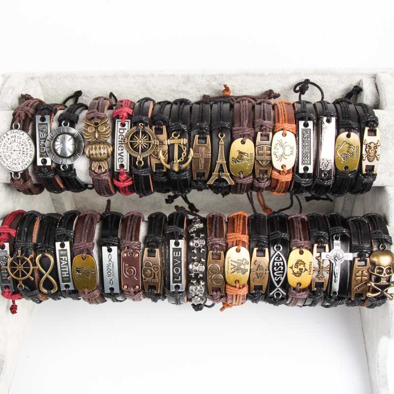 

Band New Vintage Metal Leather Mens Womens Surfer Bracelet Cuff Wristband lots Mixed Style Alloy pendant Retro Jewelry Charm Bracelet