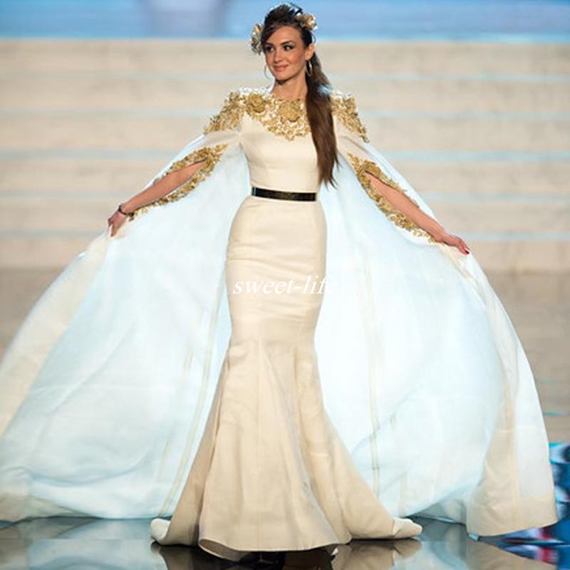 

Miss USA 2019 Pageant Evening Gowns with Cloak Gold Applique Satin Mermaid Sash Krikor Jabotian Formal Occasion Dresses Prom Gowns Arabic, Coral